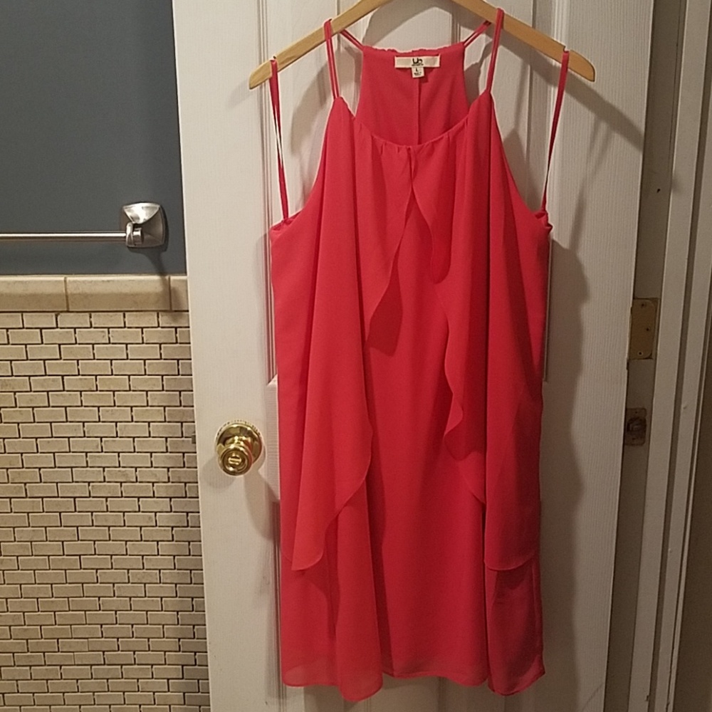 Tomato red chiffon overlay dress